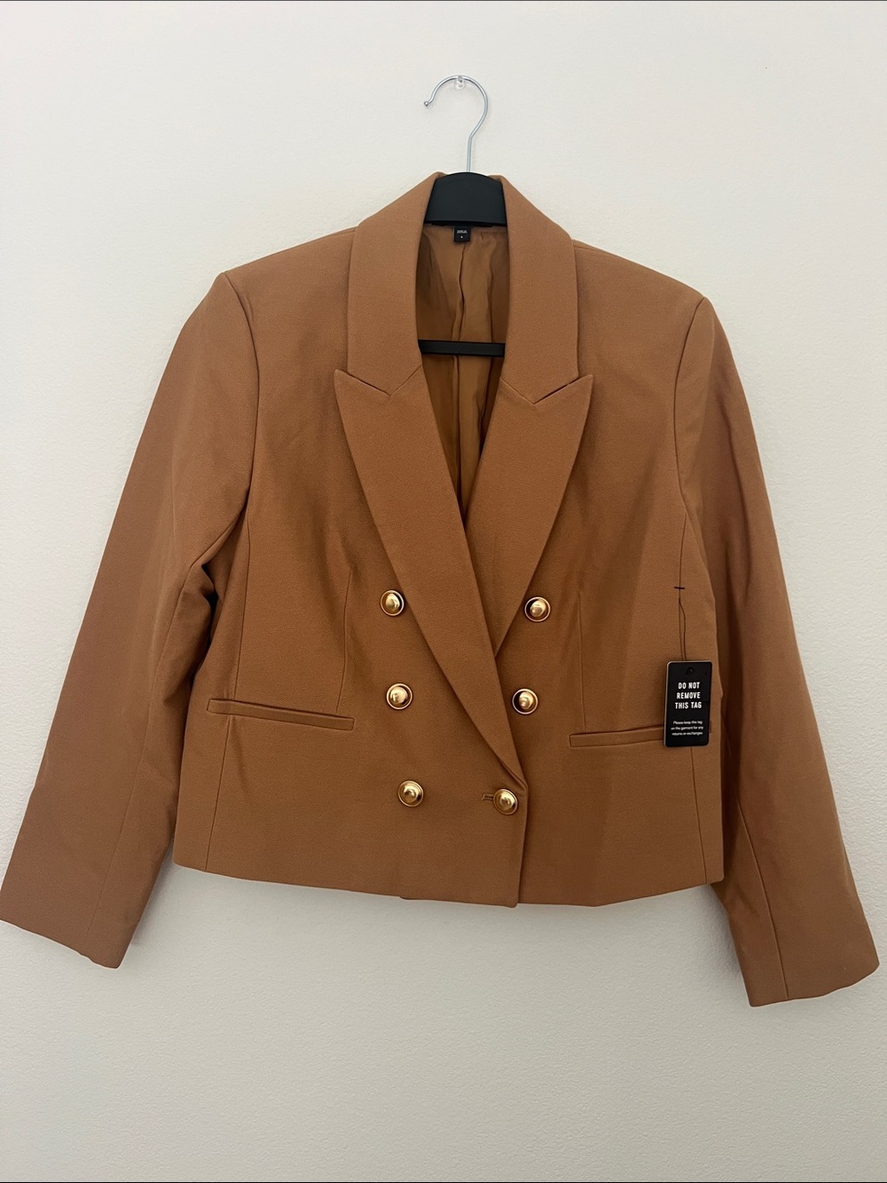 Express Double-Breasted Cropped Blazer in Camel Brown